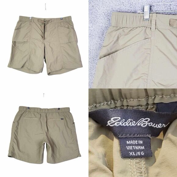 Eddie Bauer Cargo Shorts Mens Size XL Khaki Tan Stretch Nylon Belt Flat Front - Picture 1 of 10